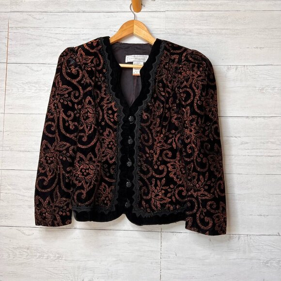 Scott McClintock Jacket Womens SZ 6 Vintage Floral Black & Copper Velvet Glitter - Picture 1 of 13